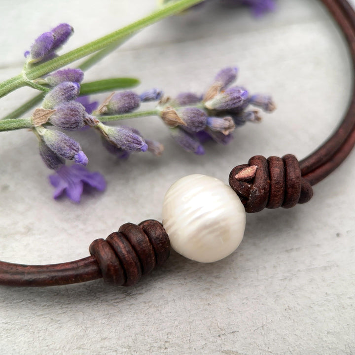 White Freshwater Pearl and Rustic Brown Leather Anklet / Bracelet - SunlightSilver