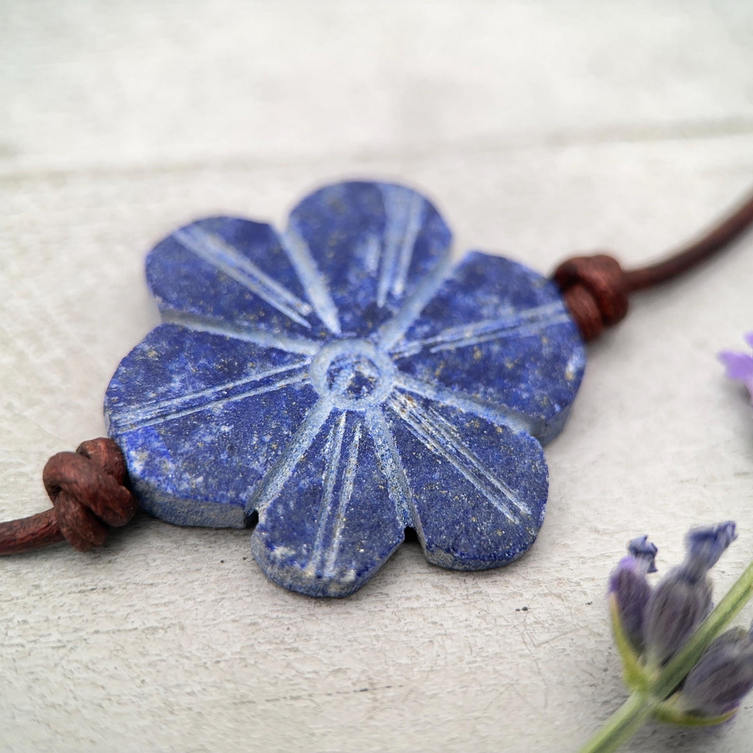 Lapis Lazuli Carved Flower and Brown Leather Necklace - SunlightSilver