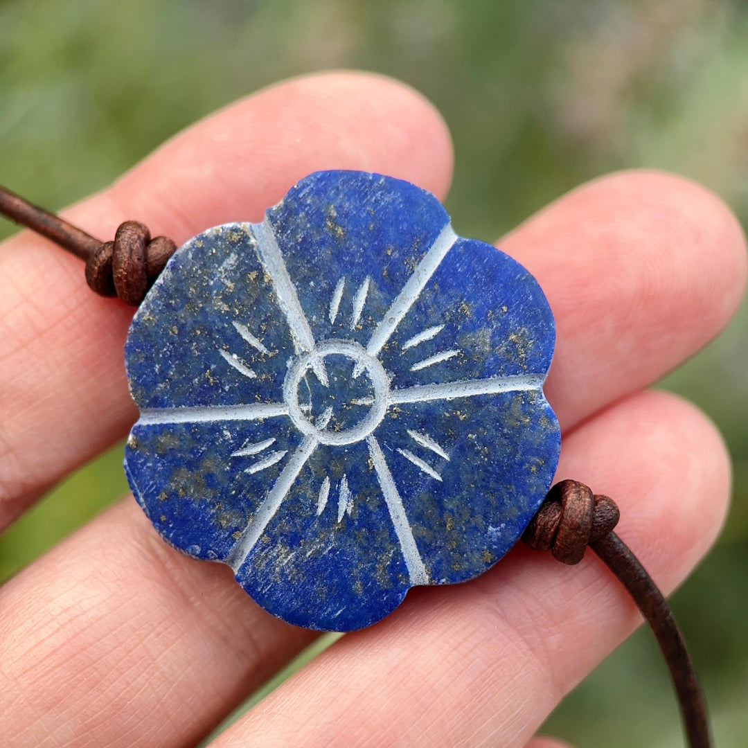 Lapis Lazuli Carved Flower and Brown Leather Necklace - SunlightSilver
