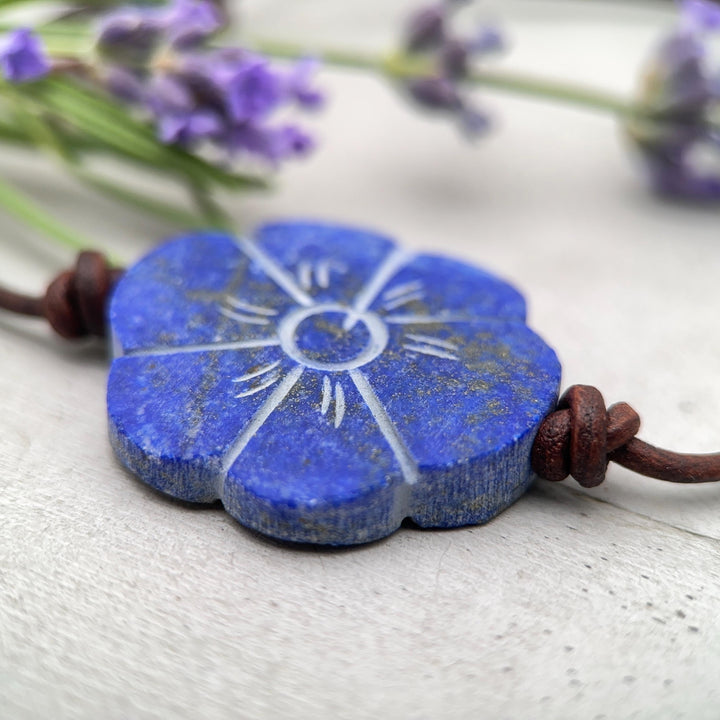 Lapis Lazuli Carved Flower and Brown Leather Necklace - SunlightSilver