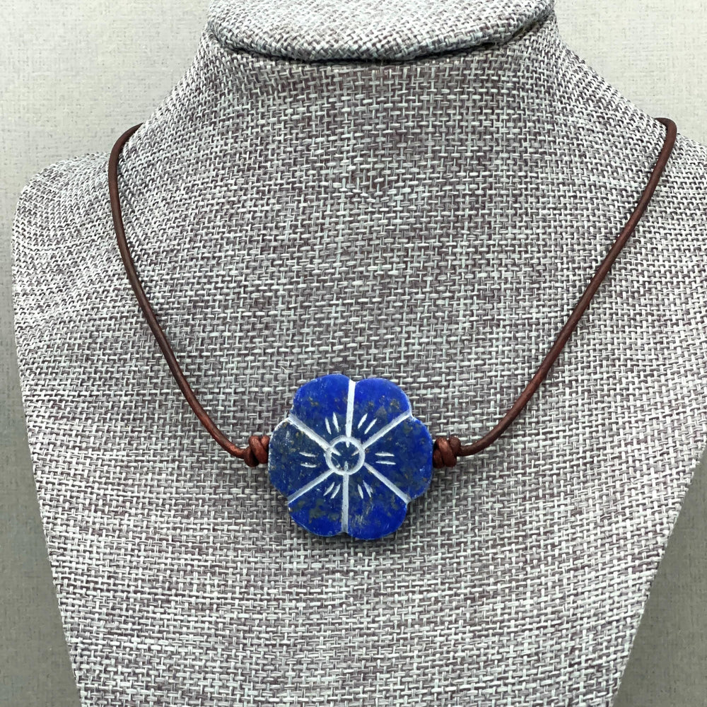 Lapis Lazuli Carved Flower and Brown Leather Necklace - SunlightSilver