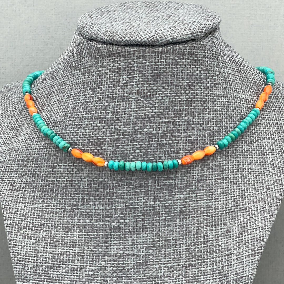 Orange Spiny Oyster, Turquoise, and Navajo Pearl Necklace - SunlightSilver
