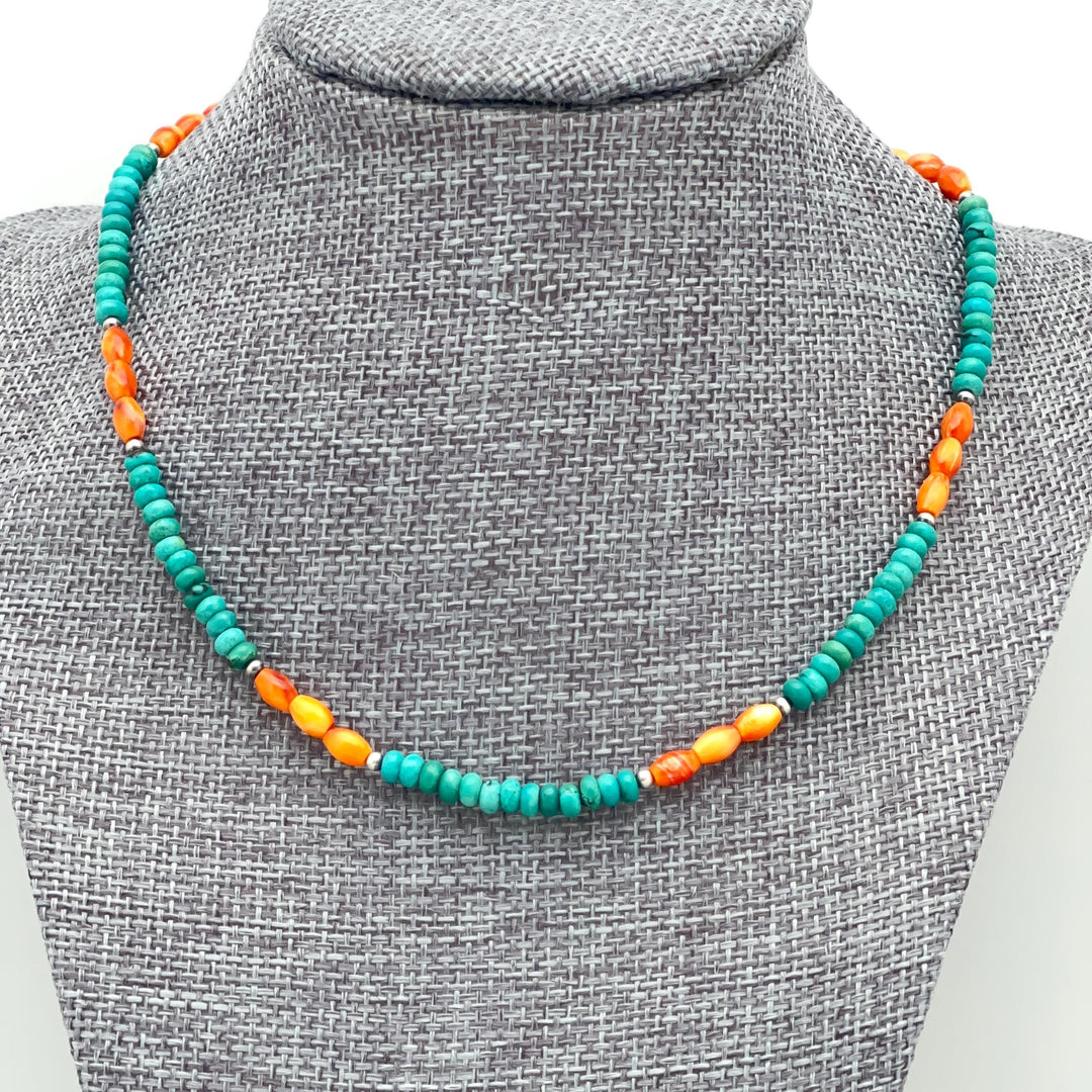 Orange Spiny Oyster, Turquoise, and Navajo Pearl Necklace - SunlightSilver