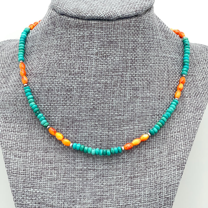Orange Spiny Oyster, Turquoise, and Navajo Pearl Necklace - SunlightSilver