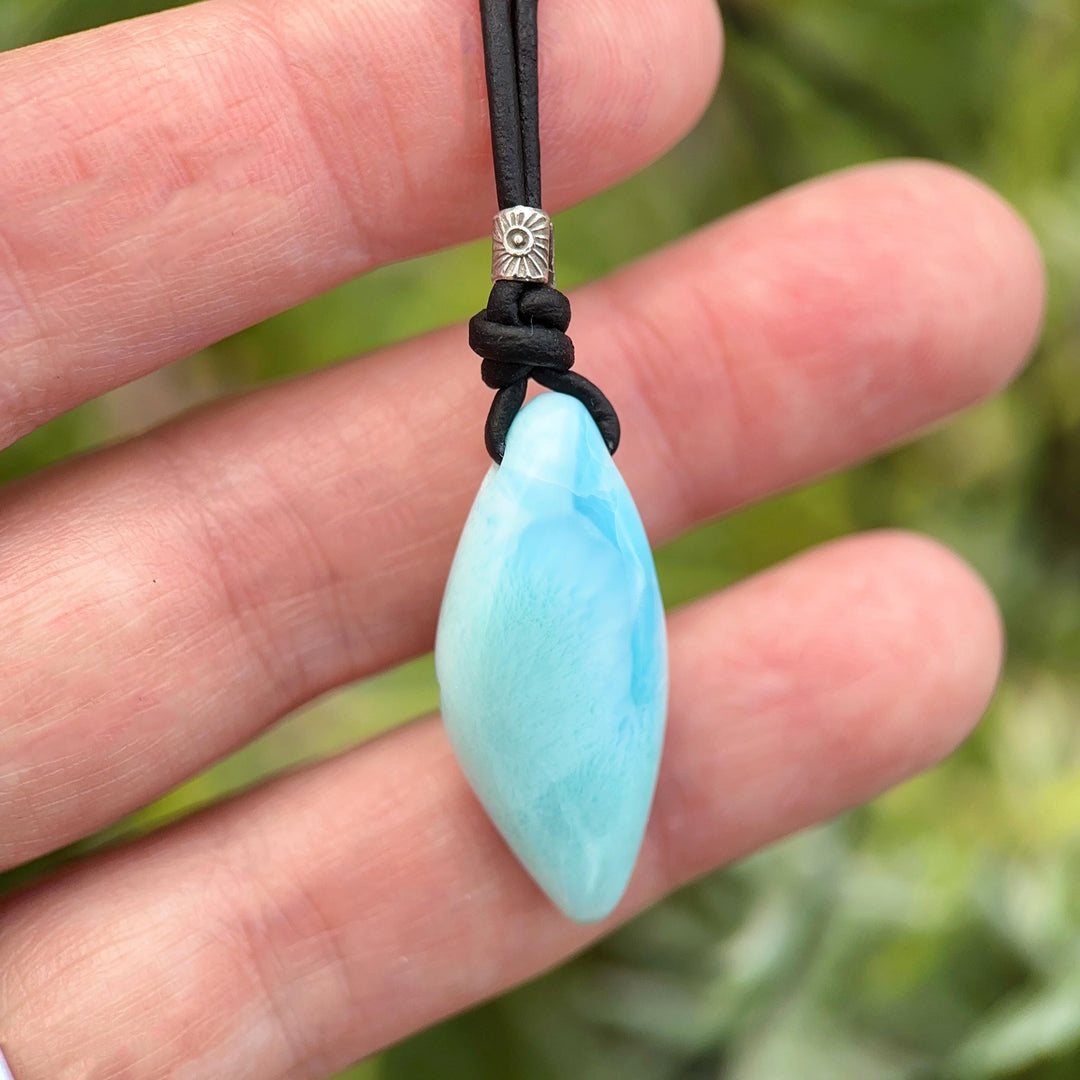Larimar Crystal and Black Leather Pendant Necklace | Genuine Larimar & Sterling Silver Jewelry - SunlightSilver