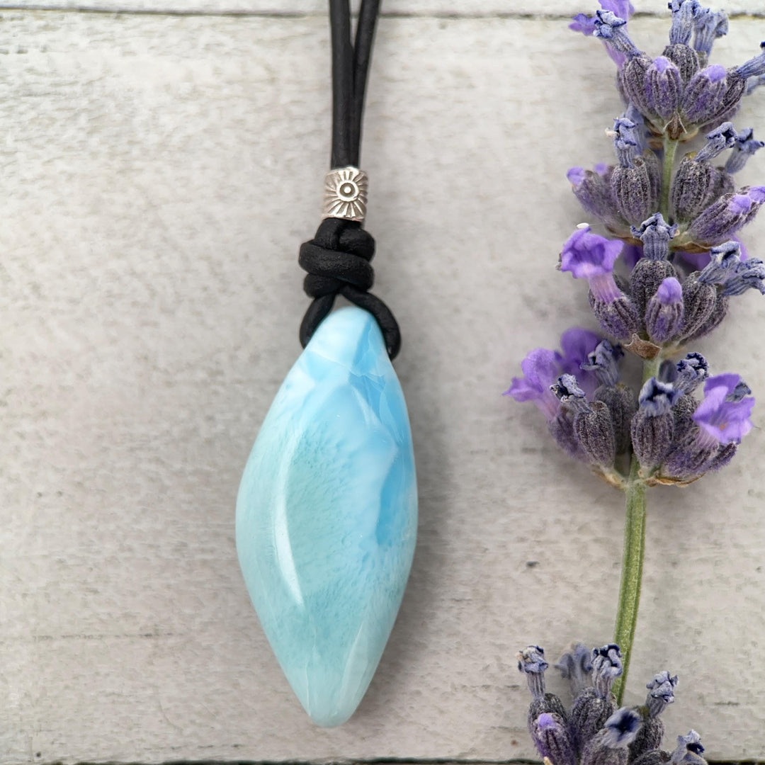 Larimar Crystal and Black Leather Pendant Necklace | Genuine Larimar & Sterling Silver Jewelry - SunlightSilver