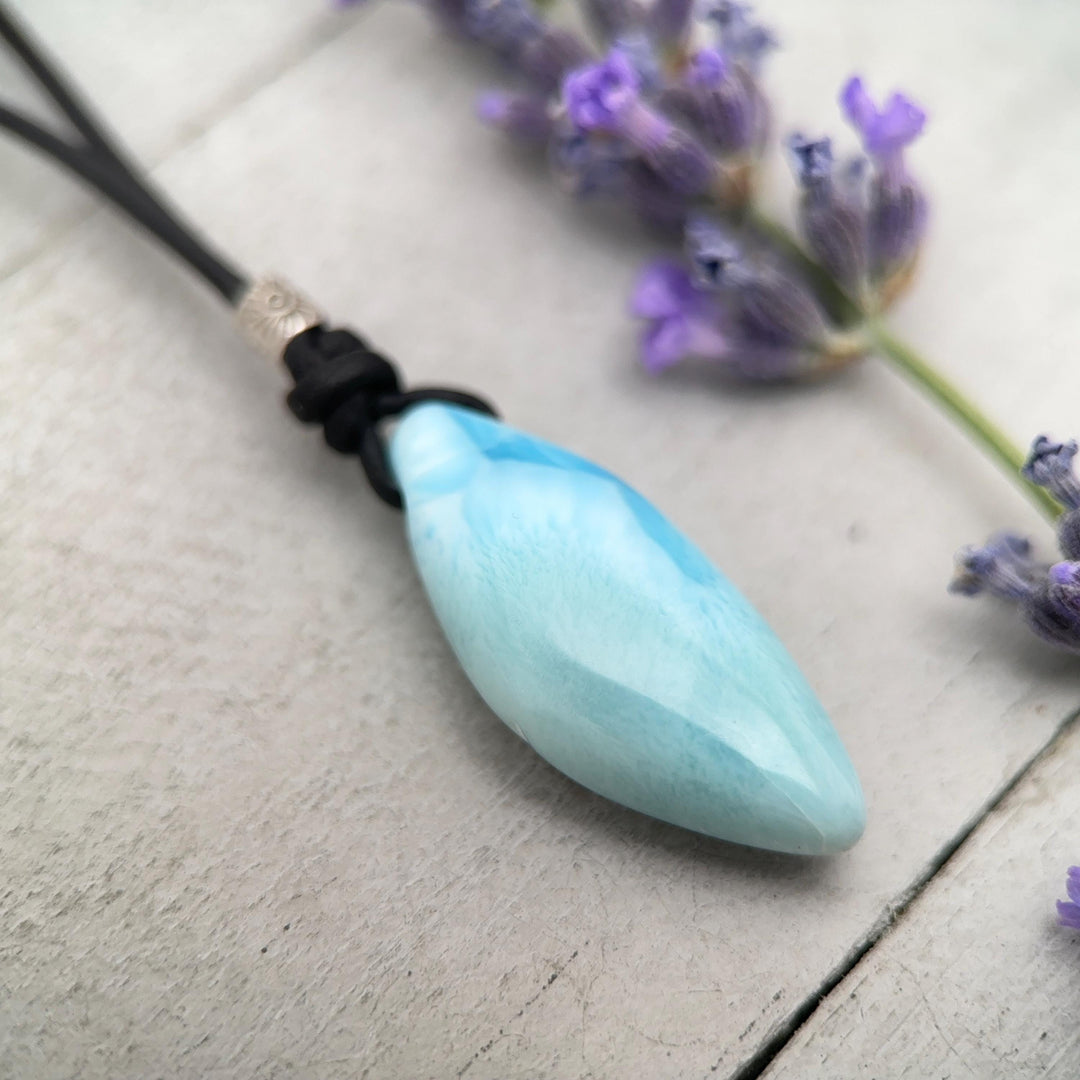Larimar Crystal and Black Leather Pendant Necklace | Genuine Larimar & Sterling Silver Jewelry - SunlightSilver