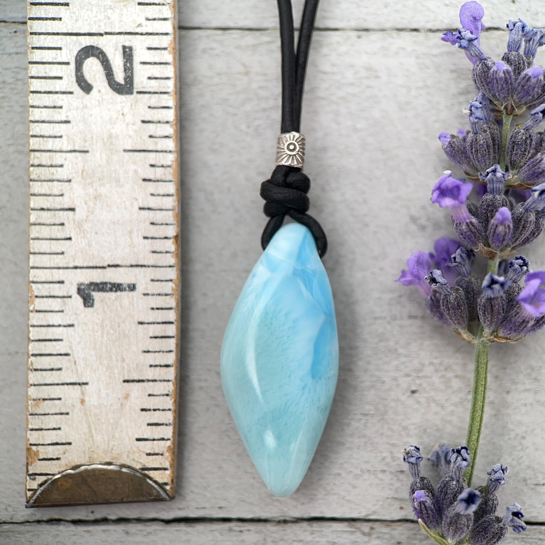 Larimar Crystal and Black Leather Pendant Necklace | Genuine Larimar & Sterling Silver Jewelry - SunlightSilver