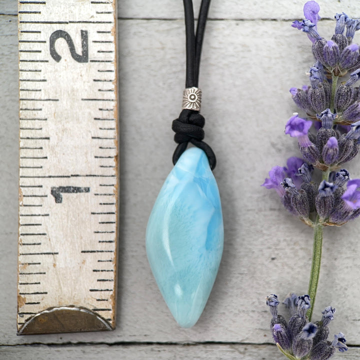 Larimar Crystal and Black Leather Pendant Necklace | Genuine Larimar & Sterling Silver Jewelry - SunlightSilver