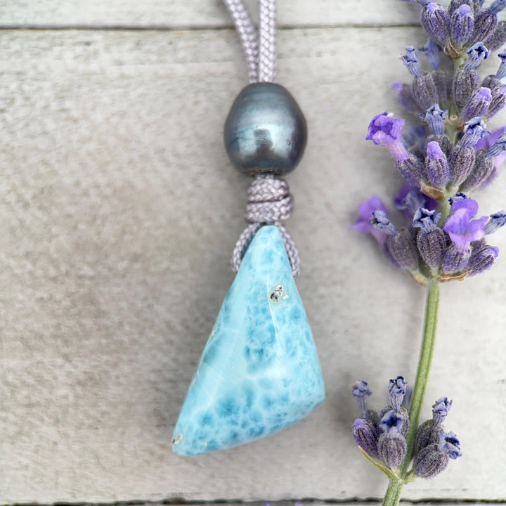 Larimar and Freshwater Pearl Necklace - Dominican Larimar Vegan Cord Necklace - Ocean Inspired Gift - SunlightSilver