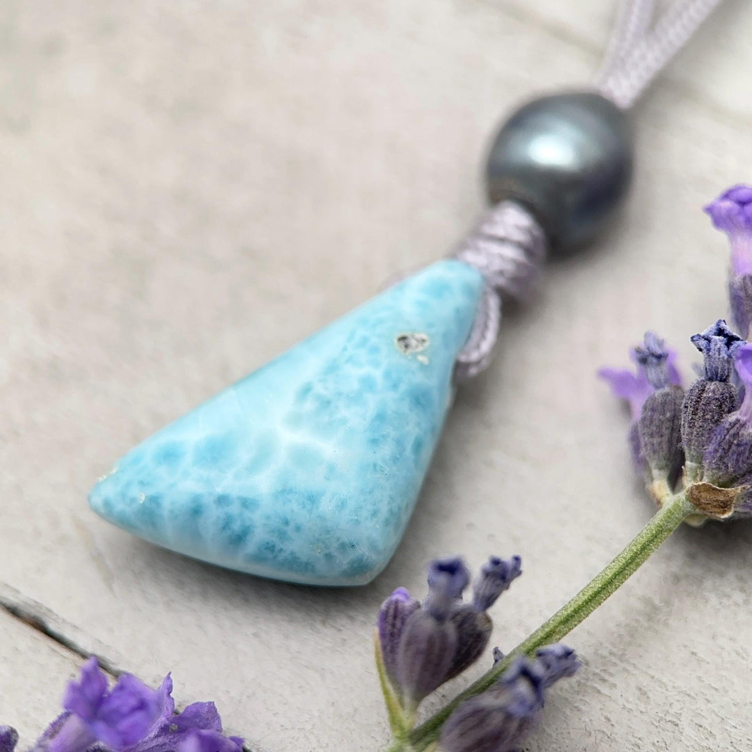 Larimar and Freshwater Pearl Necklace - Dominican Larimar Vegan Cord Necklace - Ocean Inspired Gift - SunlightSilver