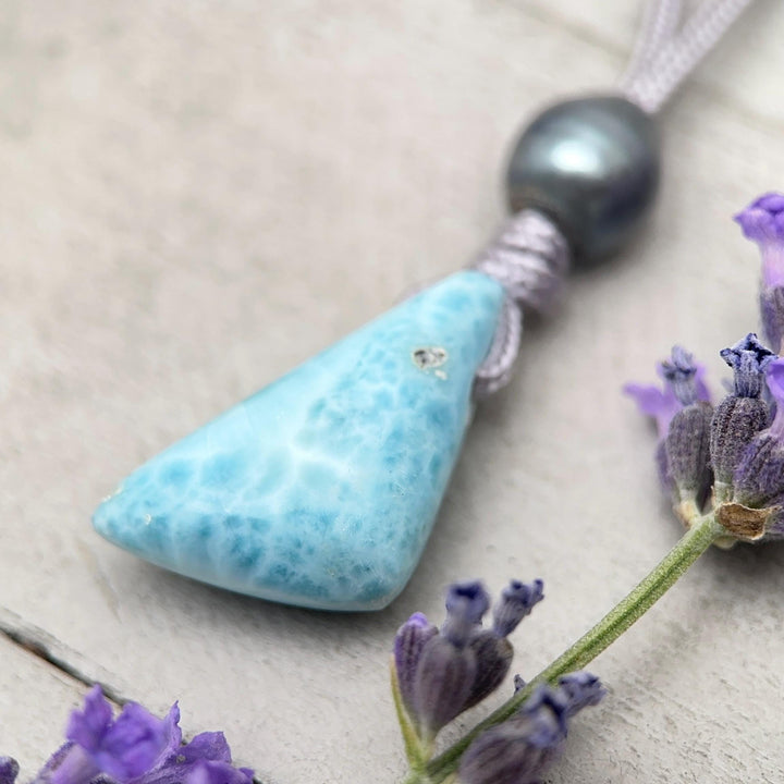 Larimar and Freshwater Pearl Necklace - Dominican Larimar Vegan Cord Necklace - Ocean Inspired Gift - SunlightSilver