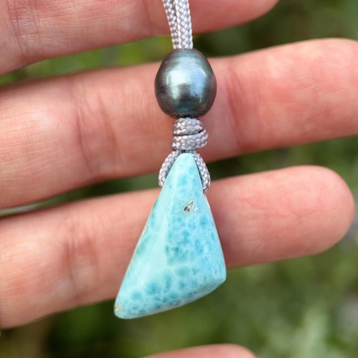 Larimar and Freshwater Pearl Necklace - Dominican Larimar Vegan Cord Necklace - Ocean Inspired Gift - SunlightSilver
