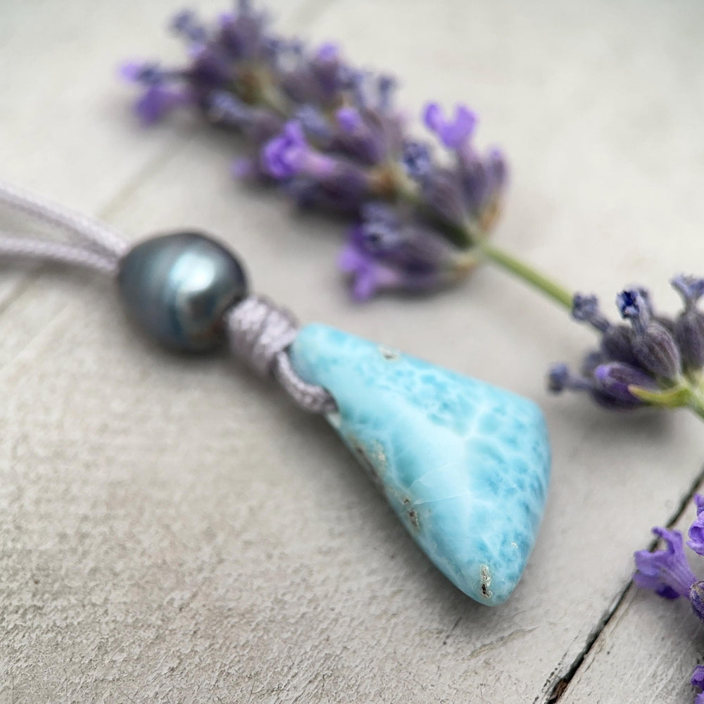 Larimar and Freshwater Pearl Necklace - Dominican Larimar Vegan Cord Necklace - Ocean Inspired Gift - SunlightSilver