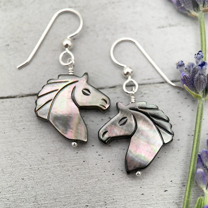 Gray Mother of Pearl Horse Earrings | Sterling Silver Black Lip Oyster Shell| Year of the Horse 2026 | Western Gift for Her - SunlightSilver