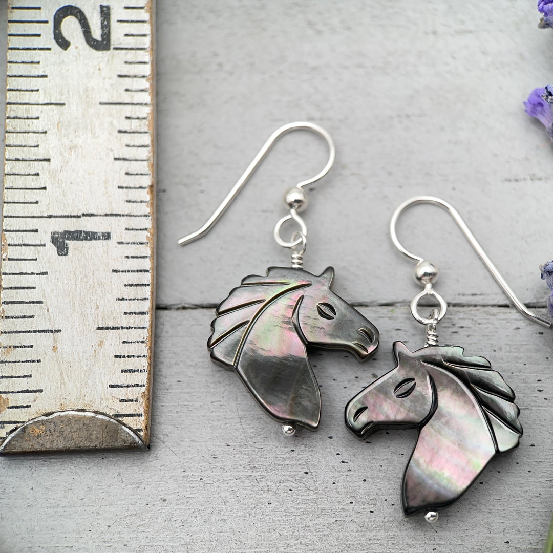 Gray Mother of Pearl Horse Earrings | Sterling Silver Black Lip Oyster Shell| Year of the Horse 2026 | Western Gift for Her - SunlightSilver
