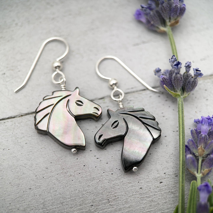 Gray Mother of Pearl Horse Earrings | Sterling Silver Black Lip Oyster Shell| Year of the Horse 2026 | Western Gift for Her - SunlightSilver