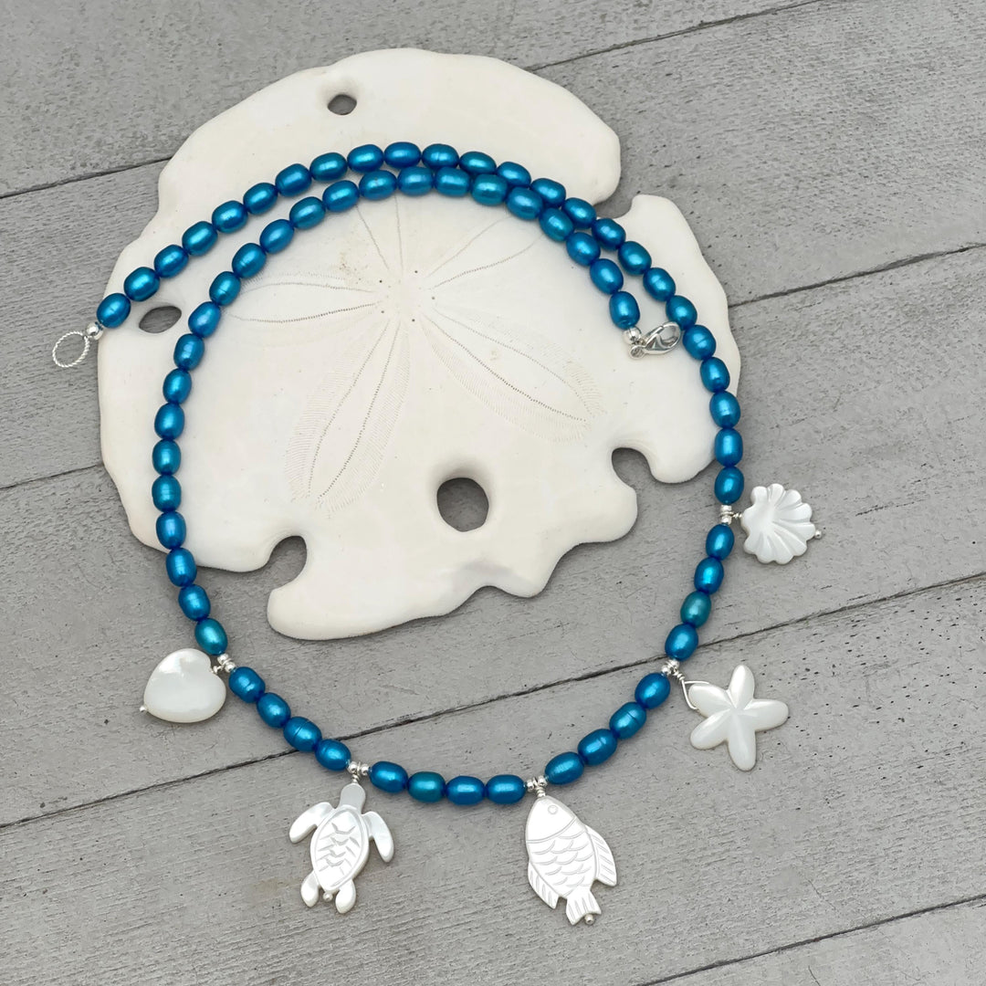 Coastal Charm Necklace, Blue Freshwater Pearls, Sterling Silver, Mother of Pearl Beach Sea Turtle Starfish Shell Jewelry, Ocean Lover Gift - SunlightSilver