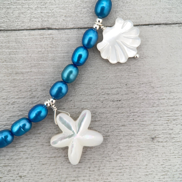 Coastal Charm Necklace, Blue Freshwater Pearls, Sterling Silver, Mother of Pearl Beach Sea Turtle Starfish Shell Jewelry, Ocean Lover Gift - SunlightSilver