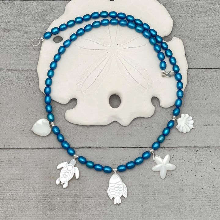 Coastal Charm Necklace, Blue Freshwater Pearls, Sterling Silver, Mother of Pearl Beach Sea Turtle Starfish Shell Jewelry, Ocean Lover Gift - SunlightSilver