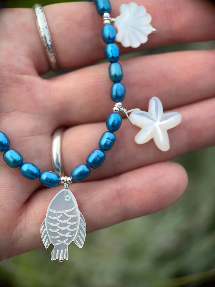 Coastal Charm Necklace, Blue Freshwater Pearls, Sterling Silver, Mother of Pearl Beach Sea Turtle Starfish Shell Jewelry, Ocean Lover Gift - SunlightSilver