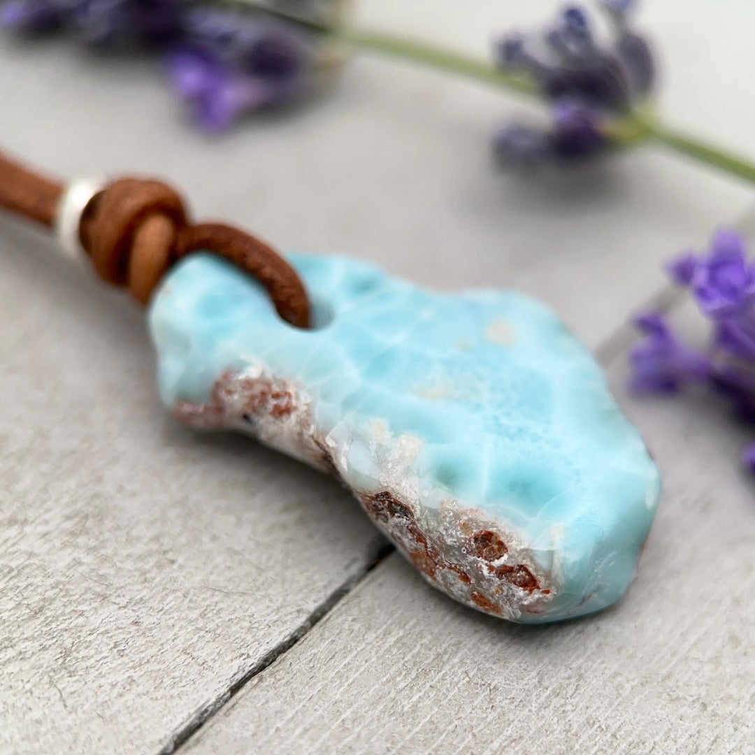 Larimar Star Necklace - Genuine Larimar Pendant, Leather Necklace, Blue Larimar Jewelry, Ocean Inspired Gift - SunlightSilver
