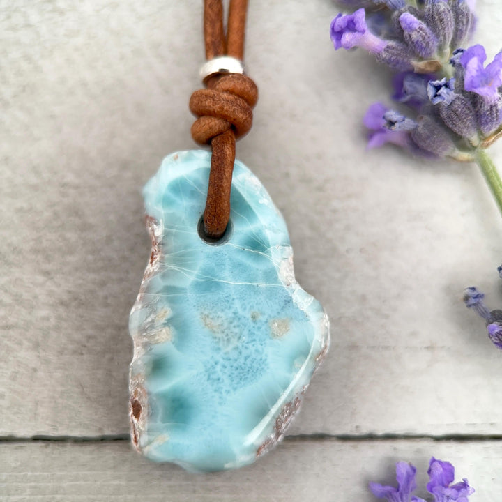 Larimar Star Necklace - Genuine Larimar Pendant, Leather Necklace, Blue Larimar Jewelry, Ocean Inspired Gift - SunlightSilver