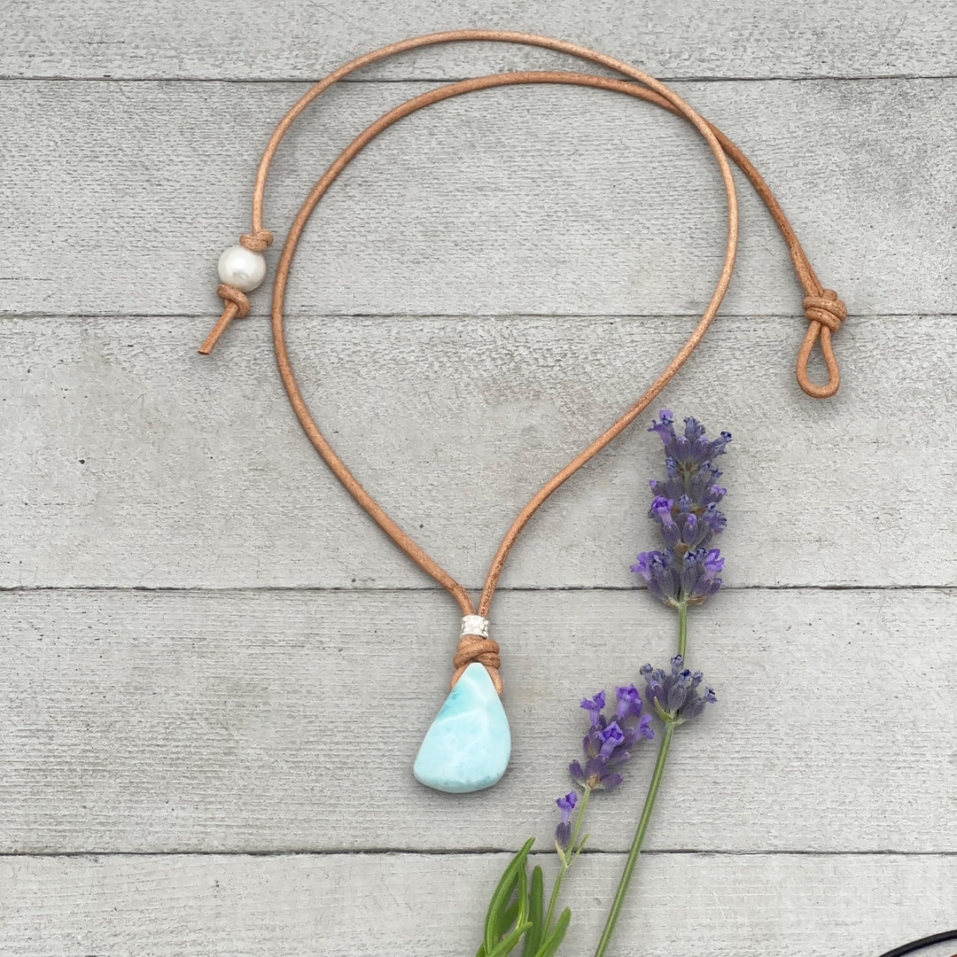 Larimar Crystal Pendant Necklace | Sterling Silver, White Freshwater Pearls, and Rustic Brown Leather Necklace - SunlightSilver