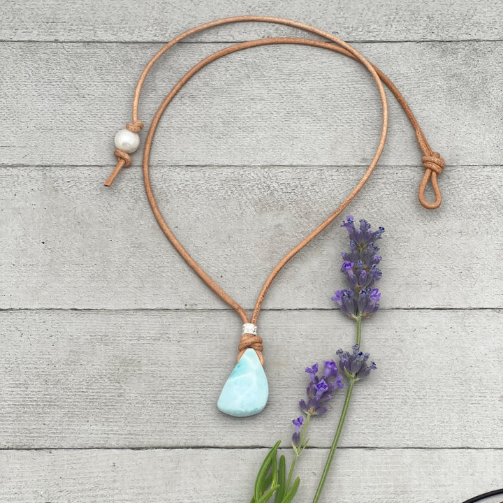 Larimar Crystal Pendant Necklace | Sterling Silver, White Freshwater Pearls, and Rustic Brown Leather Necklace - SunlightSilver