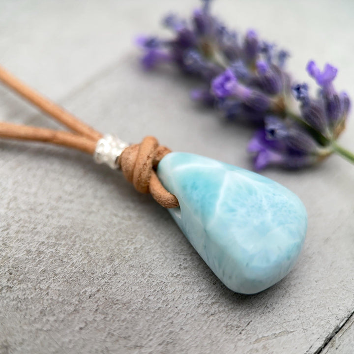 Larimar Crystal Pendant Necklace | Sterling Silver, White Freshwater Pearls, and Rustic Brown Leather Necklace - SunlightSilver