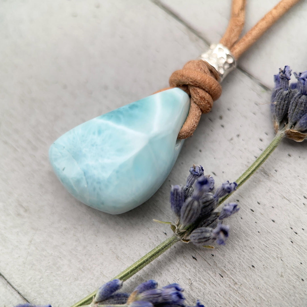 Larimar Crystal Pendant Necklace | Sterling Silver, White Freshwater Pearls, and Rustic Brown Leather Necklace - SunlightSilver