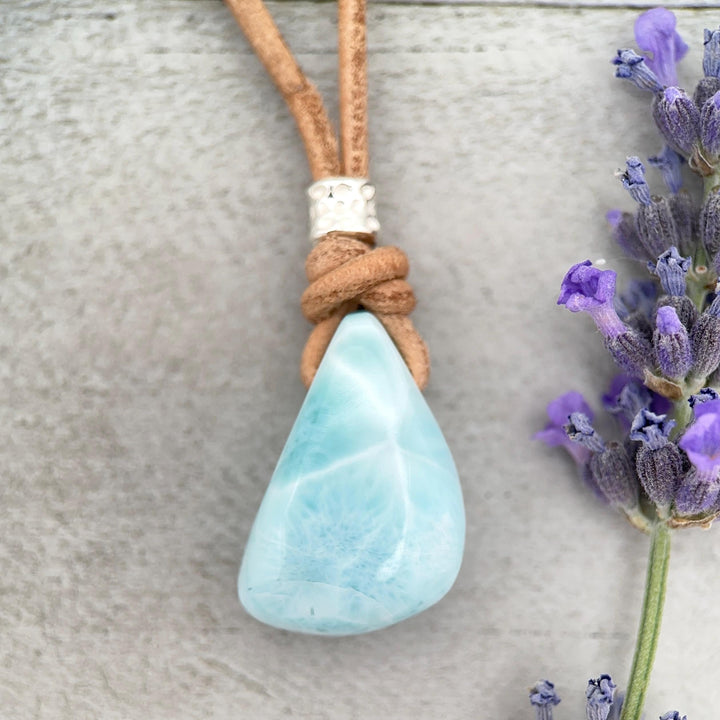 Larimar Crystal Pendant Necklace | Sterling Silver, White Freshwater Pearls, and Rustic Brown Leather Necklace - SunlightSilver