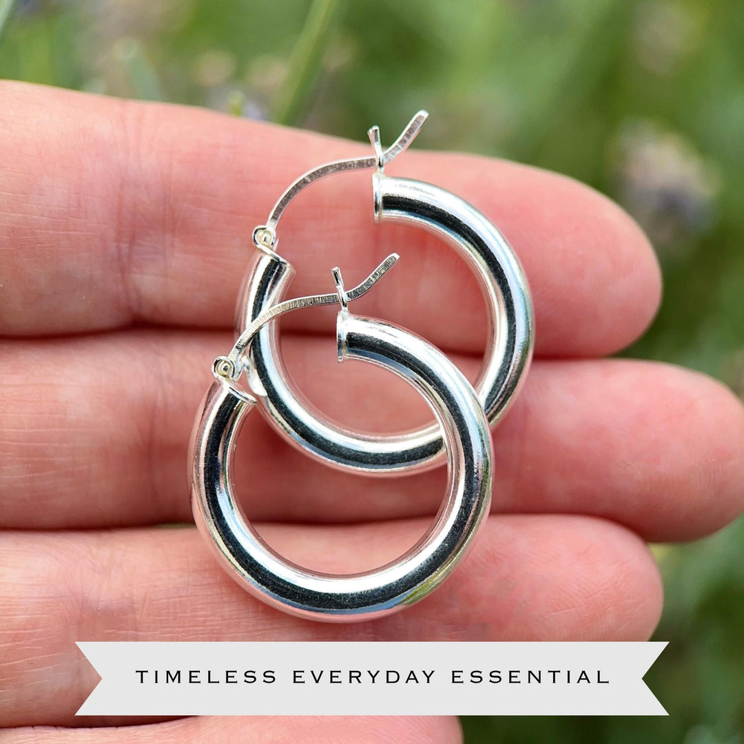 Sterling Silver Hoop Earrings 25mm - Thick Silver Filled Hoops, Bold Lightweight Hinged Hoop Earrings, Everyday Statement Earrings - SunlightSilver