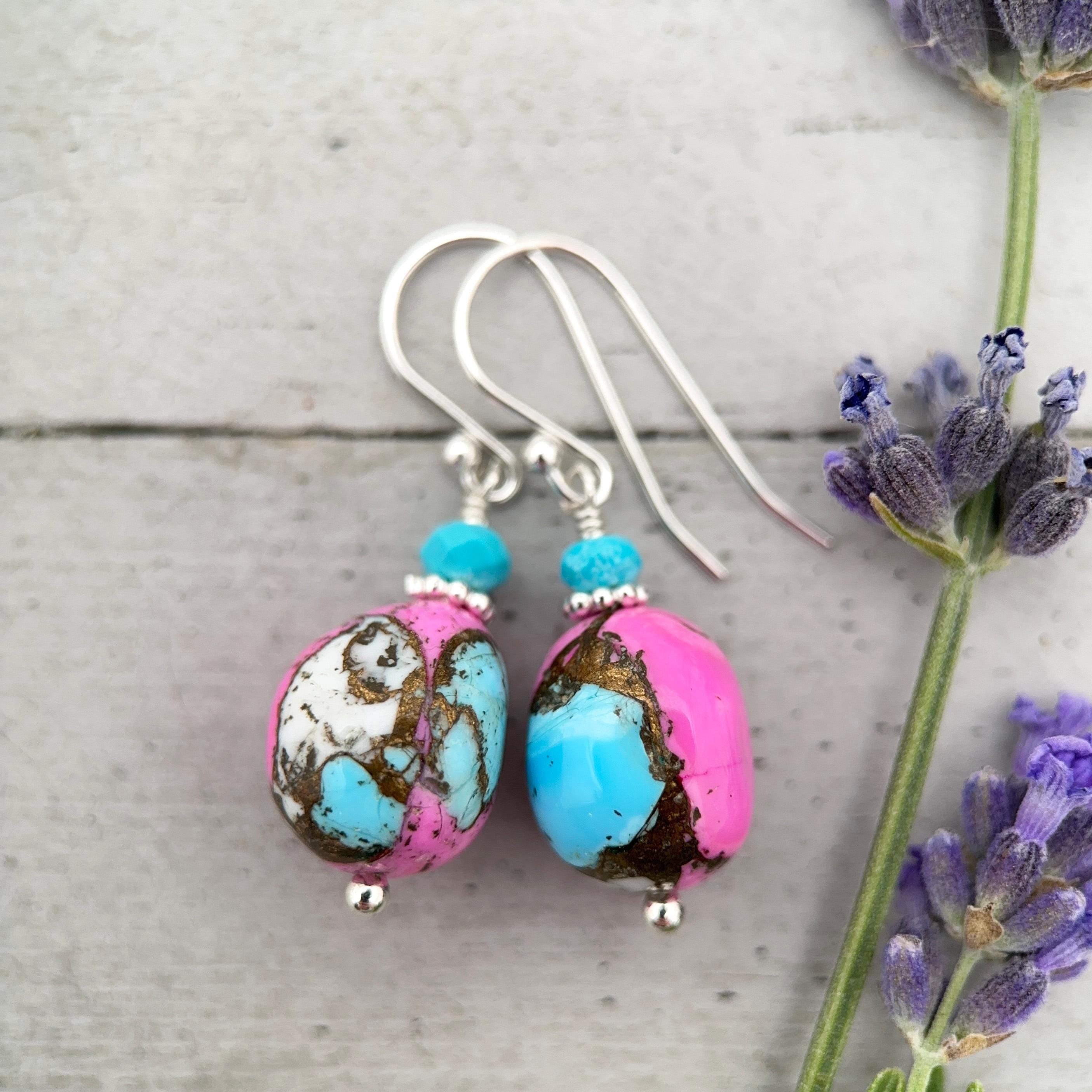 Hot Pink Dahlia Turquoise Earrings | Sterling Silver | Kingman Mohave Spiny Oyster Shell Turquoise Jewelry - SunlightSilver