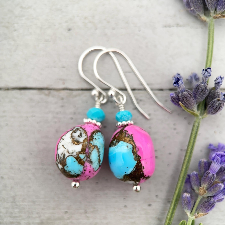 Hot Pink Dahlia Turquoise Earrings | Sterling Silver | Kingman Mohave Spiny Oyster Shell Turquoise Jewelry - SunlightSilver