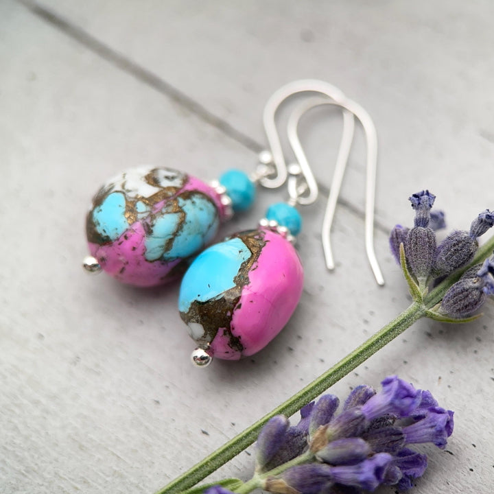 Hot Pink Dahlia Turquoise Earrings | Sterling Silver | Kingman Mohave Spiny Oyster Shell Turquoise Jewelry - SunlightSilver