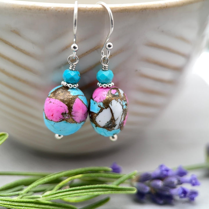 Hot Pink Dahlia Turquoise Earrings | Sterling Silver | Kingman Mohave Spiny Oyster Shell Turquoise Jewelry - SunlightSilver