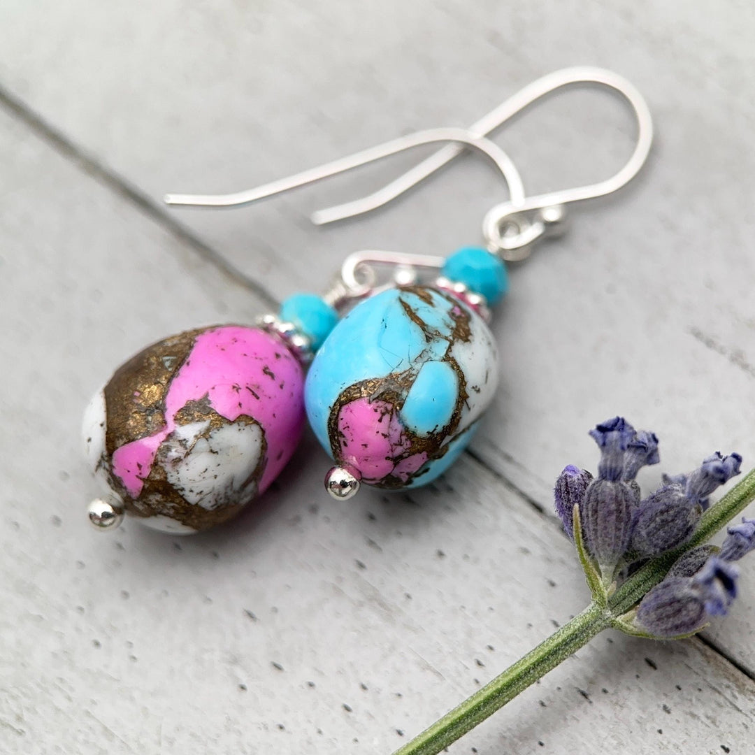 Hot Pink Dahlia Turquoise Earrings | Sterling Silver | Kingman Mohave Spiny Oyster Shell Turquoise Jewelry - SunlightSilver