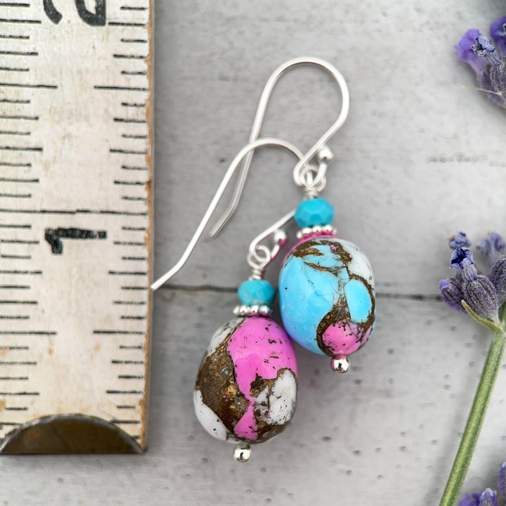 Hot Pink Dahlia Turquoise Earrings | Sterling Silver | Kingman Mohave Spiny Oyster Shell Turquoise Jewelry - SunlightSilver