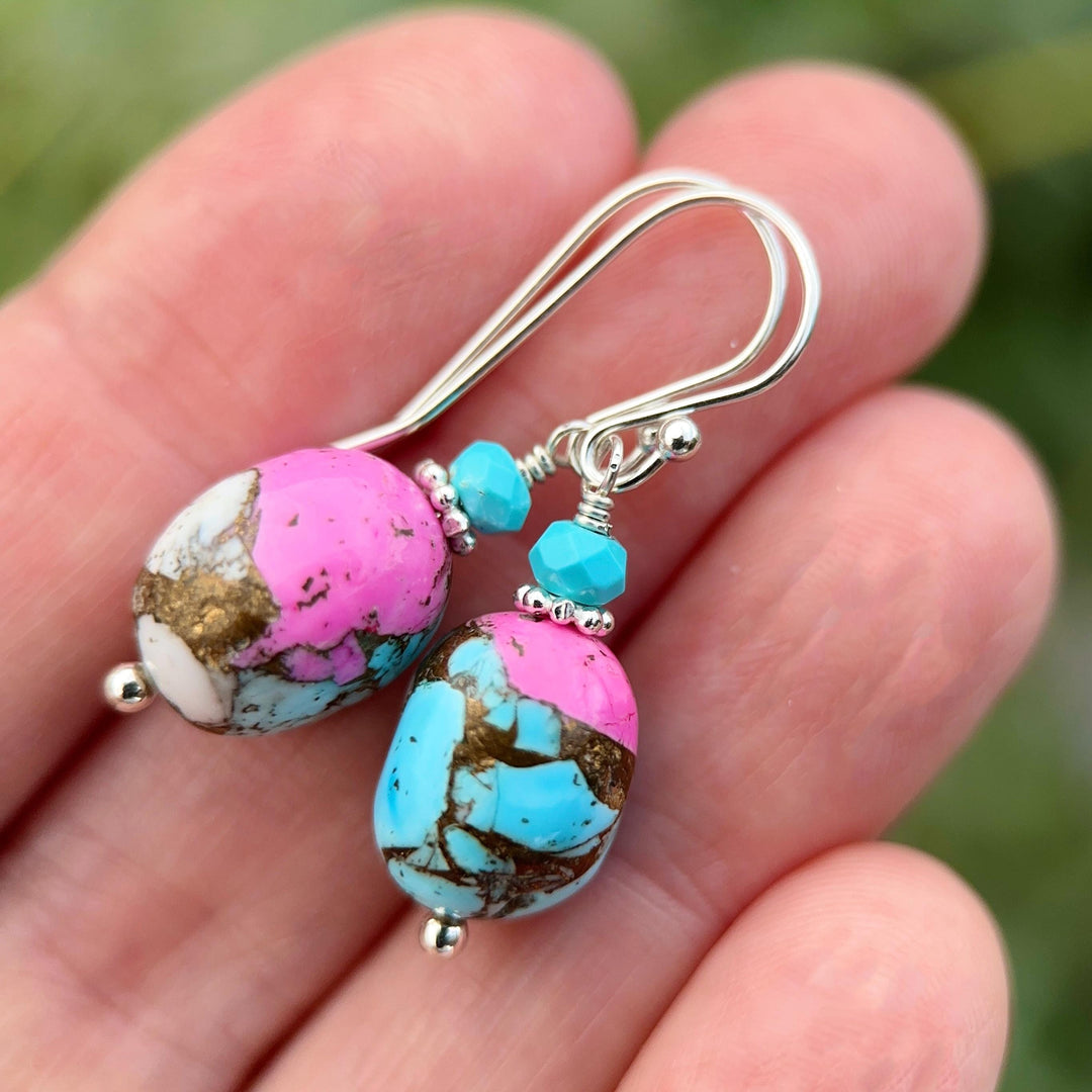 Hot Pink Dahlia Turquoise Earrings | Sterling Silver | Kingman Mohave Spiny Oyster Shell Turquoise Jewelry - SunlightSilver