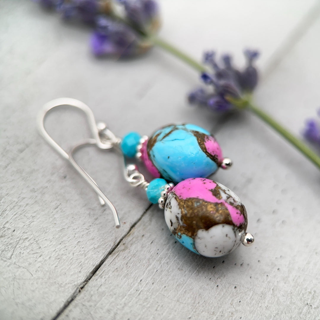 Hot Pink Dahlia Turquoise Earrings | Sterling Silver | Kingman Mohave Spiny Oyster Shell Turquoise Jewelry - SunlightSilver
