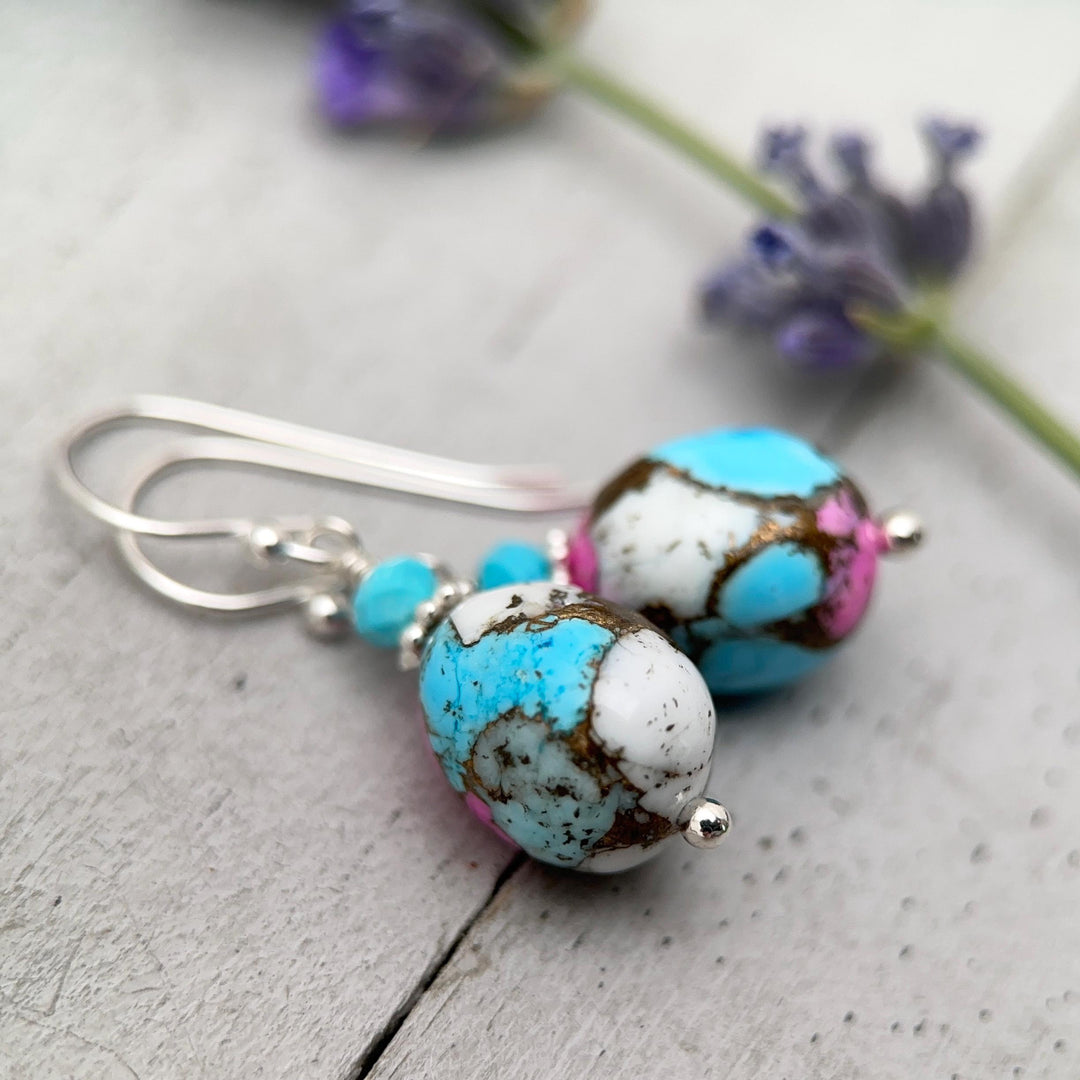 Hot Pink Dahlia Turquoise Earrings | Sterling Silver | Kingman Mohave Spiny Oyster Shell Turquoise Jewelry - SunlightSilver