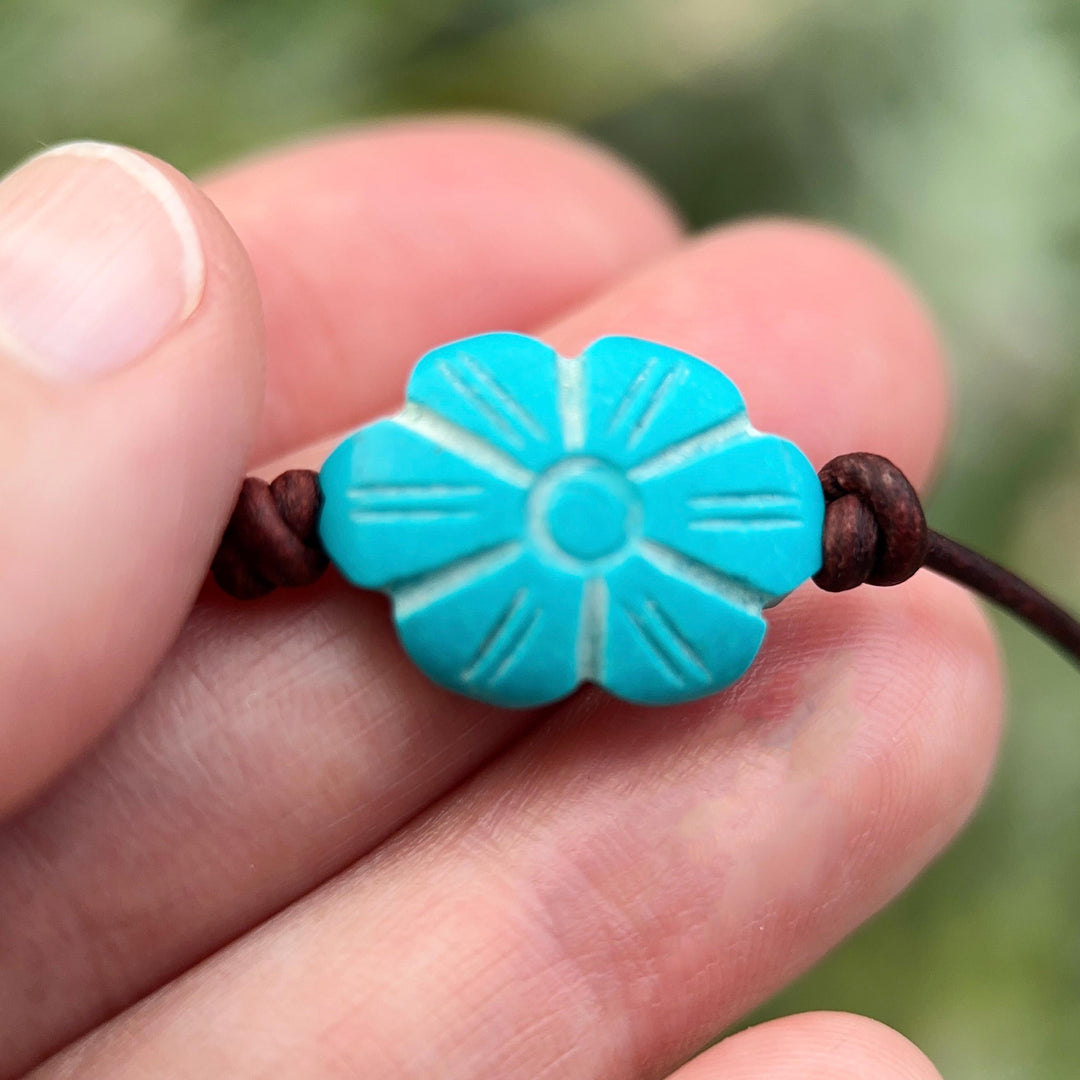 Turquoise Blue Flower Necklace - Carved Egyptian Faience Flower Pendant, Artisan Leather Jewelry, Ancient Egyptian Inspired Gift - SunlightSilver