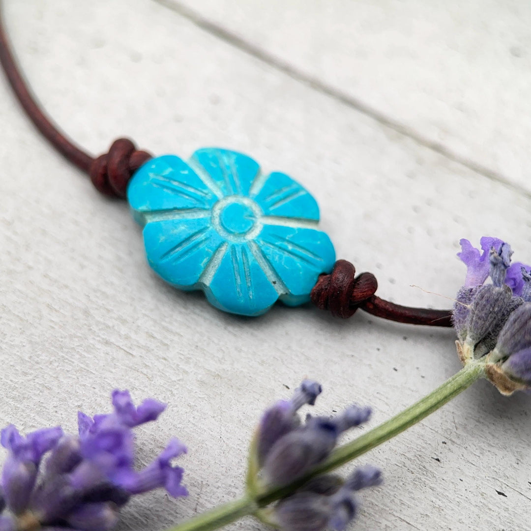 Turquoise Blue Flower Necklace - Carved Egyptian Faience Flower Pendant, Artisan Leather Jewelry, Ancient Egyptian Inspired Gift - SunlightSilver