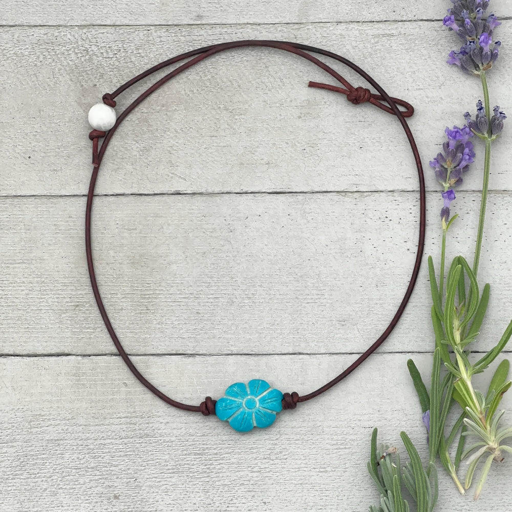 Turquoise Blue Flower Necklace - Carved Egyptian Faience Flower Pendant, Artisan Leather Jewelry, Ancient Egyptian Inspired Gift - SunlightSilver