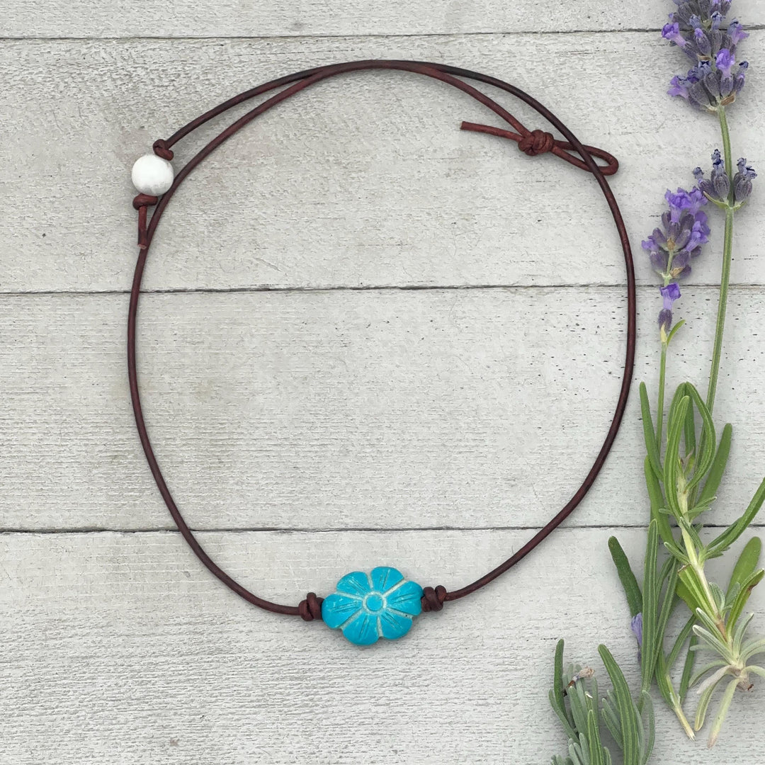 Turquoise Blue Flower Necklace - Carved Egyptian Faience Flower Pendant, Artisan Leather Jewelry, Ancient Egyptian Inspired Gift - SunlightSilver