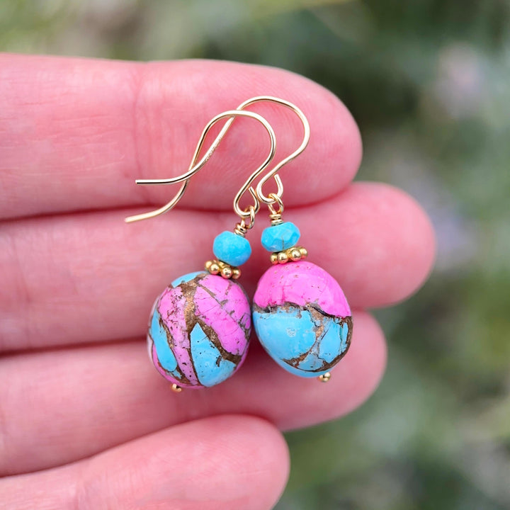 Hot Pink Dahlia Turquoise Earrings | Yellow Gold Fill | Kingman Mohave Spiny Oyster Shell Turquoise Jewelry - SunlightSilver