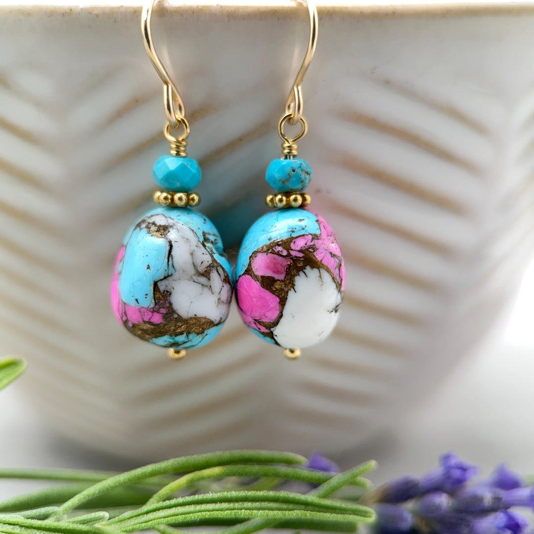 Hot Pink Dahlia Turquoise Earrings | Yellow Gold Fill | Kingman Mohave Spiny Oyster Shell Turquoise Jewelry - SunlightSilver