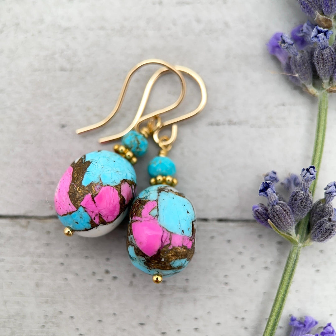 Hot Pink Dahlia Turquoise Earrings | Yellow Gold Fill | Kingman Mohave Spiny Oyster Shell Turquoise Jewelry - SunlightSilver