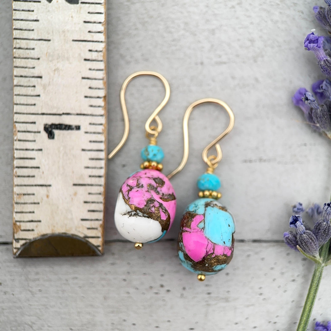 Hot Pink Dahlia Turquoise Earrings | Yellow Gold Fill | Kingman Mohave Spiny Oyster Shell Turquoise Jewelry - SunlightSilver
